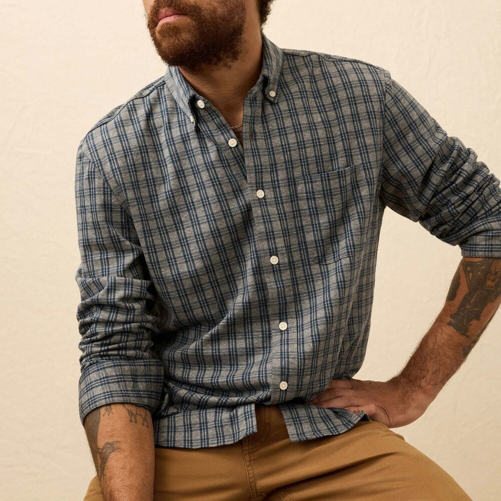 Faherty Coastline Knit Long Sleeve Ocean Grey Navy Check Button Down Shirt XL